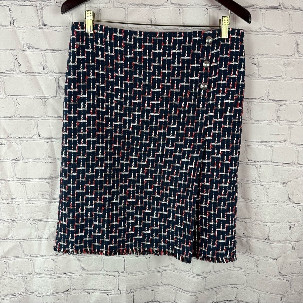 talbots 2018 lined cotton blend pencil Boucle Wrap Skirt sz 10 navy red